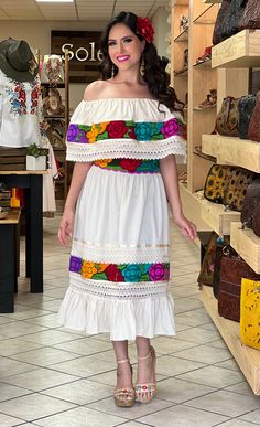 This Beautiful Off the Shoulder Mexican Dress has lace details throughout the dress. It's comfortable with elastic around the shoulder and waist and it's made out of cotton. The flowers are embroidered by Mexican Artisans on an artisanal Machine. Please note: You have the option of purchasing the dress with one of the two belt options shown for a special price or purchasing the dress on its own. Mexican Girl Dress, Casual Off-shoulder Lace Dress, Summer Lace Dress With Embroidered Hem, Summer Lace Dresses With Embroidered Hem, Casual Off-shoulder Dresses With Lace Trim, Mexican Fiesta Dresses, Traditional Mexican Dress, 90s Fashion Outfits Hip Hop Party, Fiesta Dress