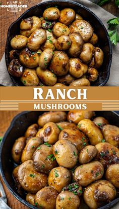 ranch mushrooms in a cast iron skillet with parsley on top and the title overlay reads ranch mushrooms