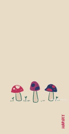 three mushrooms are standing in the middle of a row on a beige background with red, blue and green lettering