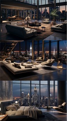 this is an image of a living room with large windows and city lights in the background