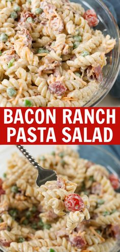 bacon ranch pasta salad in a glass bowl with a serving spoon and title above it