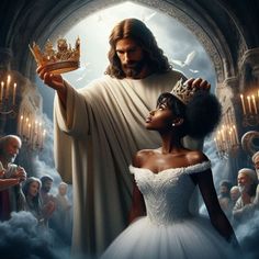 a woman in a white dress holding a crown next to a man in a white gown