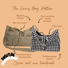 two purses are shown with the names and description for each item in this image