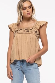 Adorable and Feminine Fit!Tan/ Beige Square Neck TopFloral Embroidered DetailFlutter Cap SleevesNot Lined100% Cotton Beige Square, Tan Top, Square Neck Top, Flutter Sleeve Top, Curated Gifts, Flutter Sleeves, Embroidered Top, Square Neckline, Flutter Sleeve