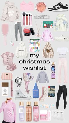 a collage of various items that include clothing, shoes and cosmetics