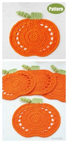 crocheted pumpkin placemats are shown with green leaves on the top and bottom