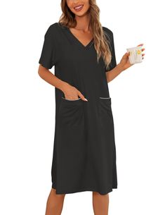 PRICES MAY VARY. Material: Made of 95% Viscose, 5% Spandex. Soft cozy, lightweight and flexible. Suitable for a relaxed home life Features: Loose and comfy v-neck short sleeve, high stretch satin trim pockets. This pajama dress is not only breathable, but also soft and silky. Perfect for day relaxing, lounging sleep or home bedroom. Style:Classic mid-length design, perfect to keep cool. Decorated with two forged edge pockets, simple yet elegant. The well-made high-quality nightgowns are suitable Sleepwear With Pockets, Black V-neck Sleepwear For Relaxation, Comfortable Relaxed Fit Nightgown For Bedtime, Comfortable Solid Sleepwear With Pockets, Comfortable Solid Color Sleepwear With Pockets, Cotton V-neck Nightgown For Sleepover, Comfortable Short Sleeve Nightgown, Comfortable Long Sleeve Sleep Dresses, V-neck Nightgown For Relaxation