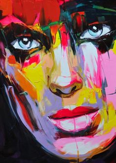 an abstract painting of a woman's face with bright colors and black hair,