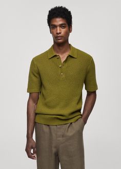 Cotton-blend fabric. Knitted braided fabric. Polo-neck with button closure. Short sleeve. Straight hem. Contrast ribbed finishes on collar, sleeves and bottom hem. The model is 6'1" and is wearing a size M. Back length 27.56 in Men's Fall Style, Textured Knit Collared Polo Shirt, Fall Polo Sweater With Textured Knit And Polo Collar, Collared Polo Sweater In Textured Knit, Fall Polo Collar Sweater With Textured Knit, Textured Knit Collared Polo Sweater, Textured Knit Polo Shirt For Work, Textured Knit Polo Sweater With Collared Neckline, Textured Knit Polo Shirt With Polo Collar For Fall