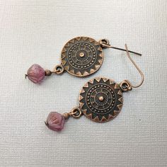 Copper Boho Mandala Earrings Berry Pink Bead Dangle Ethnic - Etsy Bohemian Rose Gold Dangle Jewelry, Bohemian Rose Gold Nickel-free Jewelry, Bohemian Pink Beaded Earrings, Bohemian Rose Gold Jewelry With Ear Wire, Handmade Pink Spiritual Earrings, Pink Teardrop Jewelry For Festivals, Bohemian Pink Wire Wrapped Beaded Earrings, Handmade Spiritual Pink Earrings, Pink Wire Wrapped Beaded Earrings