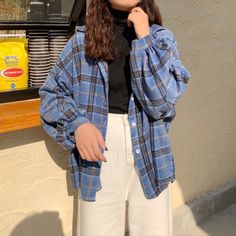 Loose Long Sleeve Button Plaid Blouse Shirt – Nada Outfit Land Blue Black Check Shirt Outfit, Buttoned Shirt Outfit, Plaid Button Up Outfit, Collar Shirt Outfits, Check Shirt Outfit Women, Button Shirt Outfit, Checked Shirt Outfit, Button Up Outfit, Camel Fabric