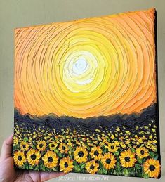 a painting of sunflowers in front of a yellow and black sky with swirly clouds