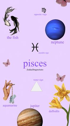 the zodiac sign pisces is shown with flowers and other astrological symbols around it