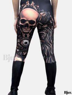 Bjux - Womens Stretchy Casual Daywear Leggings featuring Skull Print Design Punk Style Bottoms With Skull Print For Alternative Fashion, Edgy Skull Print Bottoms For Alternative Fashion, Edgy Bottoms With Skull Print For Alternative Fashion, Halloween Skull Print Bottoms For Alternative Fashion, Fitted Skull Print Leggings For Halloween, Punk Bottoms With Skull Print For Halloween, Punk Halloween Bottoms With Skull Print, Black Skull Print Leggings For Halloween, Halloween Stretch Skull Print Leggings