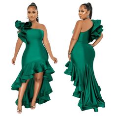 Women's Evening Basic Model Solid Color Fishtail Ruffled Dress Fitted Green Evening Dress With Ruffles, Evening Fishtail Gown With Ruffles, Fishtail Gown With Ruffles For Evening, Fishtail Evening Gown With Ruffles, Ruffled Mermaid Dress For Evening, Fishtail Evening Dress With Ruffles, Green Mermaid Hem Dress, Chic Maxi Dress With Ruffles And Mermaid Hem, Green Cocktail Dress With Ruffle Hem