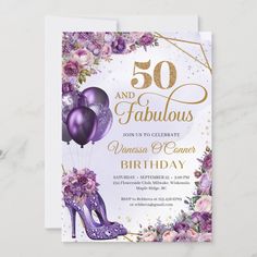 purple high heel shoes and balloons birthday party card with gold foil lettering on the front