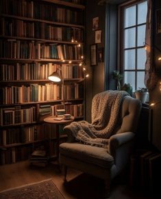 a chair sitting in front of a book shelf filled with lots of books next to a window