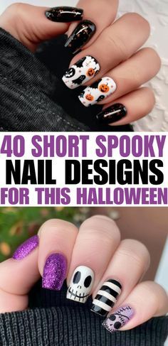 Halloween Nail Art For Short Nails, Nail Ideas Really Short, Aesthetic Short Nail Ideas, Witchy Nails Short, Green Short Nail Designs, October Nails Ideas, Short Witchy Nails, Fall October Nails, French Tip Halloween Nails