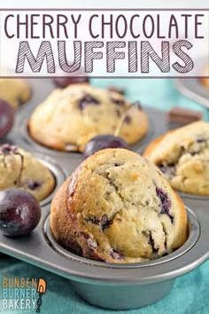 blueberry muffins in a muffin tin with text overlay reading cherry chocolate muffins