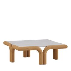 a white table with two wooden legs and a small square top on the bottom, against a white background