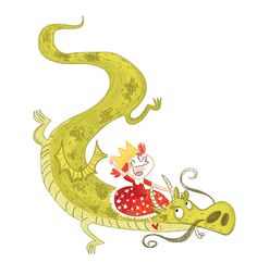 a drawing of a girl riding on the back of a green dragon with a crown