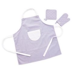 an apron and oven mitts are shown on a white background