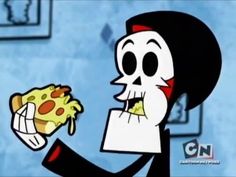 a cartoon character holding a slice of pizza