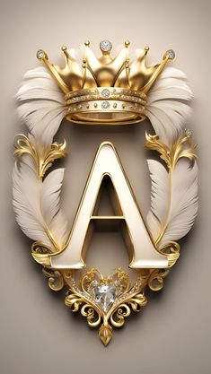 the letter a is surrounded by white feathers and a crown on top of it,