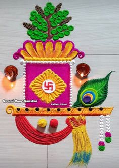 a decorated wall hanging on the side of a building