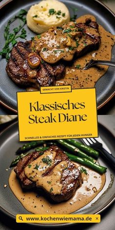 two plates with steaks, potatoes and asparagus on them next to a yellow sign