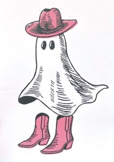 a drawing of a ghost wearing pink boots and a hat