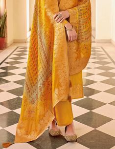 Mustard Designer Embroidered Jacquard Party Wear Pant Suit-Saira's Boutique Semi-stitched Brocade Palazzo Set, Elegant Brocade Palazzo Set With Straight Kurta, Elegant Unstitched Banarasi Silk Palazzo Set, Elegant Banarasi Silk Kurta, Elegant Brocade Palazzo Set With Dupatta, Elegant Yellow Churidar, Elegant Zari Weaving Straight Kurta Set, Banarasi Silk Unstitched Suit With Resham Embroidery, Festive Long Sleeve Jacquard Lawn Suit