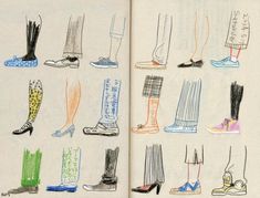 an open book with drawings of different types of shoes