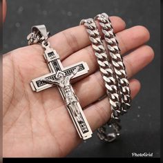 High Quality Stainless Steel Pendant Multilayer Cross Christ Jesus Christ Crucifix Necklace With 24 Inch Chain. Bx24/9/#13 Material : Stainless Steel Color : Silver Size : Cross Size : 75mm*43mm ;Chains : 60cm*7mm Condition : High Quality And 100% Brand New Chain 60cm*7mm Catholic Cross Necklace, Jesus Cross Necklace, Crucifix Necklace, Necklace Chain Types, Chain Top, Jesus Cross, Cross Chain, Small Charms, Jesus On The Cross