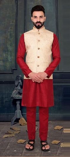 Red and Maroon color Kurta Pyjama with Jacket in Silk fabric with Thread work Red Festive Outerwear With Stand Collar, Festive Red Outerwear With Stand Collar, Red Long Sleeve Kurta For Winter, Red Long Sleeve Winter Kurta, Maroon Color, Thread Work, Silk Fabric, Pajamas, Silk