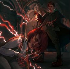 two people with red hair, one holding a knife and the other looking at something