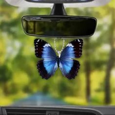 a blue butterfly hanging from the side mirror of a car