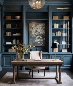 an office with blue walls and built in bookshelves