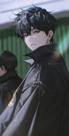 an anime character with black hair wearing a coat and standing in front of other characters