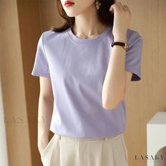 Lasaky - Luxury Combed Cotton Short Sleeve T-Shirt with Ammonia Support Fiber and Silk Finish Purple Solid Cotton Top, Purple Solid Color Cotton Top, Purple Plain Short Sleeve Top, Basic Purple Short Sleeve T-shirt, Purple Plain Crew Neck Top, Plain Purple Top For Spring, Lavender Crew Neck Basic Top, Basic Lavender Crew Neck Top, Basic Purple Crew Neck T-shirt