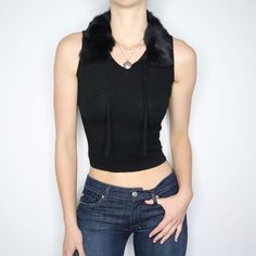 90s Rabbit Fur Trim Black Tank Top (XS/S) Black Tank Top, Rabbit Fur, Black Tank, Fur Collar, Fur Collars, Soul Food