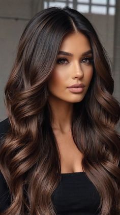 Fall hair colors dark Dark Hair Shades, Balayage Fall Hair, Hair Colors For Dark Hair, Balayage Fall, Fall Hair Colors Dark, Chestnut Highlights, Hair Colors Dark, Burgundy Balayage, Bouncy Hair