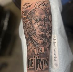 Half Sleeve Tattoo For Men Forearm Design, Trap House Tattoo, Money Tattoo Ideas For Men, Money Power Respect Tattoo, Gangsta Tattoos Men Design, Unique Half Sleeve Tattoos Men, Get Rich Or Die Trying Tattoo, Benjamin Franklin Tattoo, Trap Tattoos Men