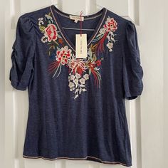 Solitaire Ladies Stylish Blouse Nwt Size L Floral Embroidery V-neck Top For Work, Blue V-neck Top With Floral Embroidery, Blue Floral Embroidery Top For Fall, Blue Floral Embroidered Top For Fall, Stylish Blouse, Stylish Women, Color Blue, Top Blouse, Blouses