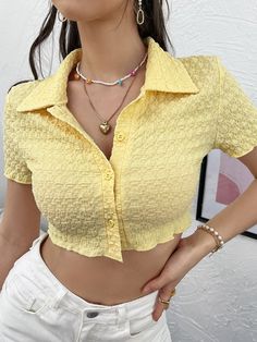 Yellow Casual  Short Sleeve Polyester Plain  Embellished Slight Stretch Summer Women Tops, Blouses & Tee Trendy Yellow Collared Tops, Yellow Collared T-shirt For Summer, Yellow Crop Top Outfit, Yellow Button-up Summer Top, Luxury Yellow Short Sleeve Tops, Yellow Collared Top With Button Closure, Yellow Crop Top, Yellow Fits, Yellow Outfit