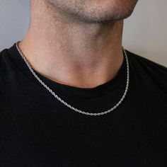 This classic 55cm men's rope chain necklace is crafted of  Premium 316L Stainless Steel. The chain secures with a lobster clasp. Want it as a necklace & bracelet set? check out Jayden set ! This product is 100% water-resistant. SAME DAY DISPATCH. Every SAAR piece is made to order and checked individually. Each product comes with a high-quality SAAR branded jewellery box to store when you're not wearing and keep your jewellery in perfect condition.   All of our jewellery comes with a 1-year SAAR Minimalist Sterling Silver Rope Chain Necklace, Silver Link Rope Chain Necklace Gift, Minimalist Sterling Silver Rope Chain Jewelry, Silver Minimalist Rope Chain Necklace As Gift, Silver Rope Chain Necklace For Everyday, Minimalist Silver Rope Chain Necklace As Gift, Minimalist Silver Rope Chain Necklace For Gift, Minimalist Stainless Steel Rope Chain Jewelry, Minimalist Wheat Chain Necklace For Everyday