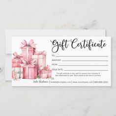 a gift certificate with pink presents on it