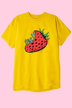 OUCH STRAWBERRY T-Shirts DTG Pastel Tops, Funny Tshirt Quotes, Fruit Logo, Heart Clothes, Stay Weird, Tee Outfit, Free Time, Clothing Co, Funny Tees