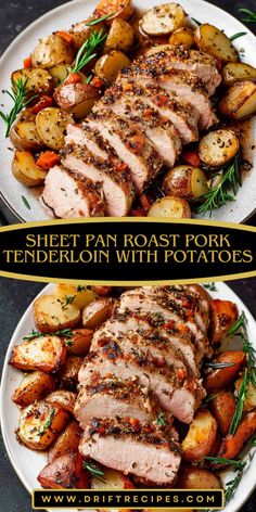 two plates filled with meat and potatoes on top of each other next to the words sheet pan roast pork tenderloin with potatoes