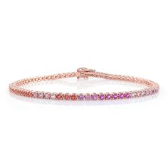 Experience color in the best way with our most coveted 14K gold tennis bracelet. 2.15Cts of semi-precious and precious stones are set in a stunning array that plays on color. Rose Gold Gemstone Tennis Bracelet, Luxury Pink Gemstone Tennis Bracelet, Fine Jewelry Pink Gemstone Tennis Bracelet, Elegant Pink Multi-stone Bracelets, Pink Gemstone Tennis Bracelet, Gold Tennis Bracelet, Rainbow Gemstones, Tsavorite Garnet, Rose Gold Pink